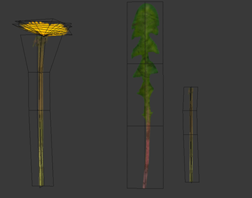 Example: Low Poly parts needed to be made for Dandelion Flower. From left: assembled flower, leaf and separated stem